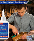 Man using 50G Quick Dry Shoe Glue Heavy Duty Repair Adhesive For Boots And Sneakers Clear Waterproof Glue For Rubber Soles Heels And Hiking Shoes Pro Grade Includes 15 Precision Applicator Tips for shoe repair