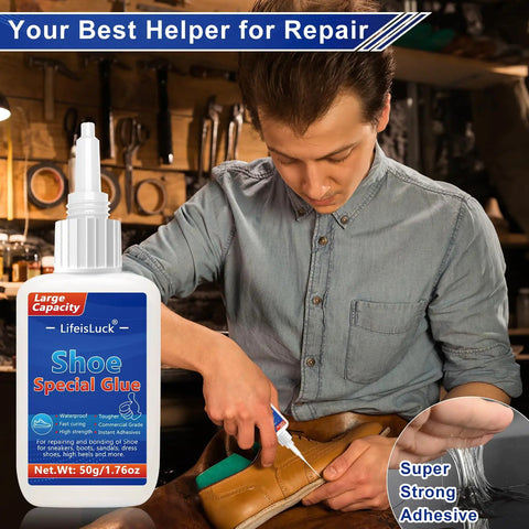 Man using 50G Quick Dry Shoe Glue Heavy Duty Repair Adhesive For Boots And Sneakers Clear Waterproof Glue For Rubber Soles Heels And Hiking Shoes Pro Grade Includes 15 Precision Applicator Tips for shoe repair
