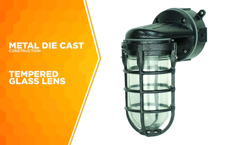Wall Mount Light In Hammered Black Finish With Die Cast Aluminum Cage Built Tough 100 Watt Incandescent Rugged Industrial Design