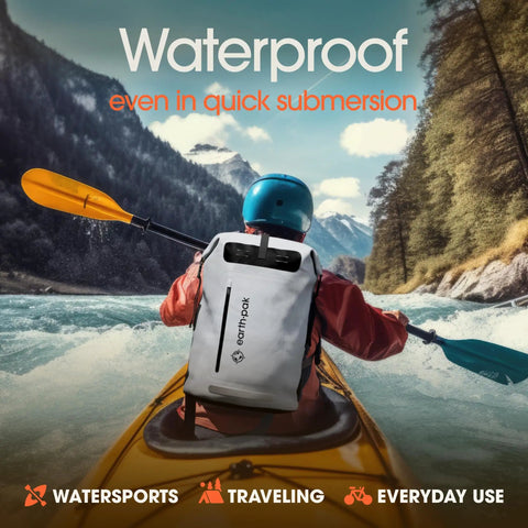 Person kayaking with Rugged All Weather Waterproof Hiking Backpack With Roll Top Closure Cushioned Dry Bag And Waterproof Phone Case Heavy Duty Pack For Kayaking Camping Fishing Biking And Everyday Use on back