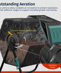 Close-up view of Dual Chamber Outdoor Compost Tumbler Two By Eighteen And A Half Gallon Rotating Bin with aeration vents and locking system for garden kitchen and yard.