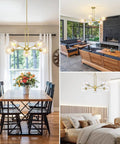 Gold Globe Giant Pendant Chandelier 5 Light Sputnik Ceiling Fixture With Dope Clear Glass Shades in dining, living, bedroom areas