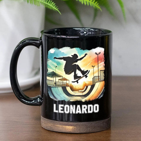 Custom Skateboarding Travel Mug Personalized Gift For Skateboard Lovers Black 11 Oz With Skateboard Graphic And Custom Name