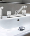 Two Handle Kitchen Faucet With Side Spray In Polished Chrome For Easy Control And Quick Cleanup Durable Brass Construction