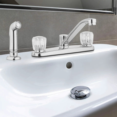 Two Handle Kitchen Faucet With Side Spray In Polished Chrome For Easy Control And Quick Cleanup Durable Brass Construction