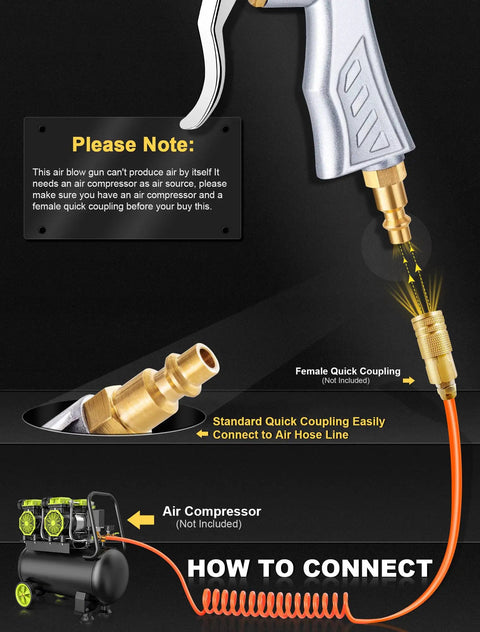 Industrial Heavy Duty Pro Grade Air Blow Gun with brass nozzle and extensions, shown connected to air compressor with quick coupling
