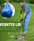 Man using Nut Gatherer Roller For Pecan Walnut Chestnut Buckeye and more, 1.5 gallon nut picker with direct dump outlet, weighted lid detail