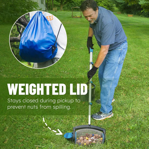 Man using Nut Gatherer Roller For Pecan Walnut Chestnut Buckeye and more, 1.5 gallon nut picker with direct dump outlet, weighted lid detail