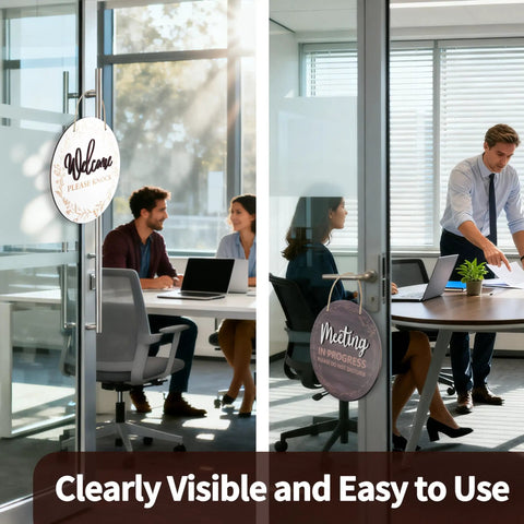 Double Sided Meeting In Progress Door Sign For Office Doors 9.8 Inch Round Wood Conference Room Decor hanging on glass office door