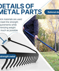 Close-up of Rugged 14 Tine Metal Garden Rake With 57 Inch Fiberglass Handle Anti Rust Coating for yard work and cleanup