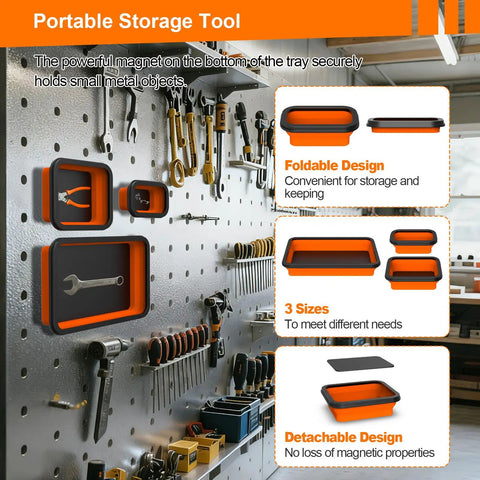 Heavy Duty Foldable Magnetic Parts Organizer With Three Silicone Trays For Bolts Nuts Washers And Small Tools Space Saving Collapsible Design With Strong Magnets And Scratch Resistant Trays shown on a workshop wall.
