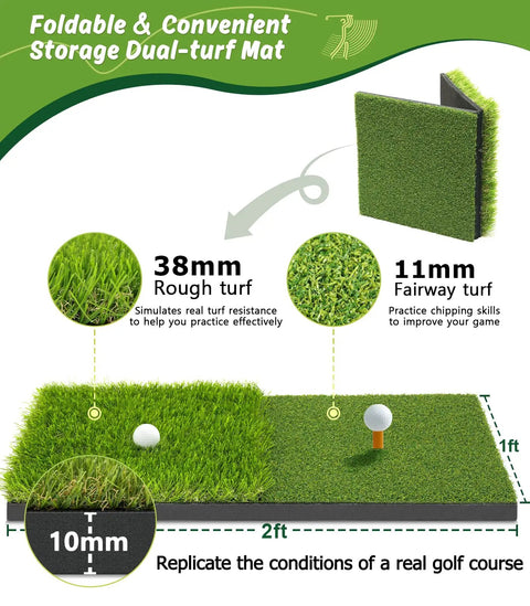 Dual turf mat with 38mm rough and 11mm fairway turf for 10x7ft Golf Practice Net With Dual Turf Hitting Mat For Backyard Driving And Chipping