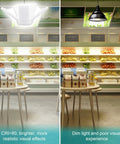 Comparison of bright LED ceiling light and dim light over a grocery display, showing the impact of light quality on visibility.