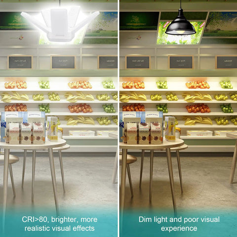 Comparison of bright LED ceiling light and dim light over a grocery display, showing the impact of light quality on visibility.