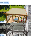 Before and after installation of 20x40 Sun Shade Sail Straight Edge Rectangle Canopy With D Ring Grommets over patio