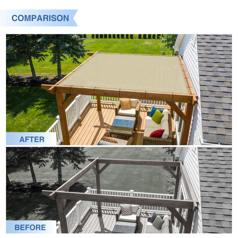 Before and after installation of 20x40 Sun Shade Sail Straight Edge Rectangle Canopy With D Ring Grommets over patio