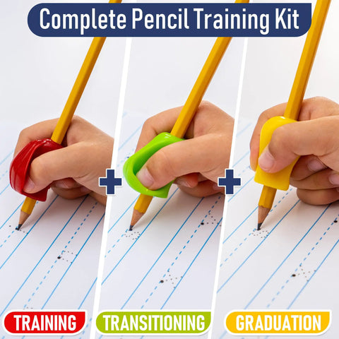 3 Step Pencil Grip Training Kit For Kids And Adults, Crossover Grip, Pinch Grip, And Standard Ergonomic Grips in use