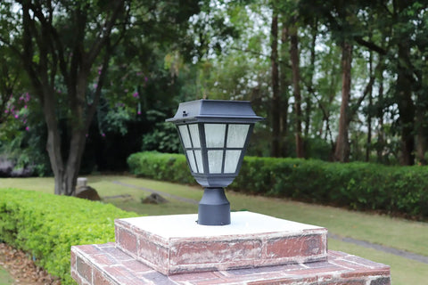 Solar Powered LED Post Cap Light for 3 Inch Fitter Mount Outdoor Cast Aluminum Lamp in garden on brick pillar
