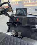 Interior view of Rugged Four Seater Electric Golf Cart With Powerful Ac Motor featuring dashboard controls and pedals.