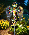 Solar Glass Cross Stake Lights With Angel Wings For Cemetery And Outdoor Garden Pathway Sympathy Remembrance Gift For Mom Solar Powered Grave Marker Lighting With Sunset Tone Hand Painted Glass in garden