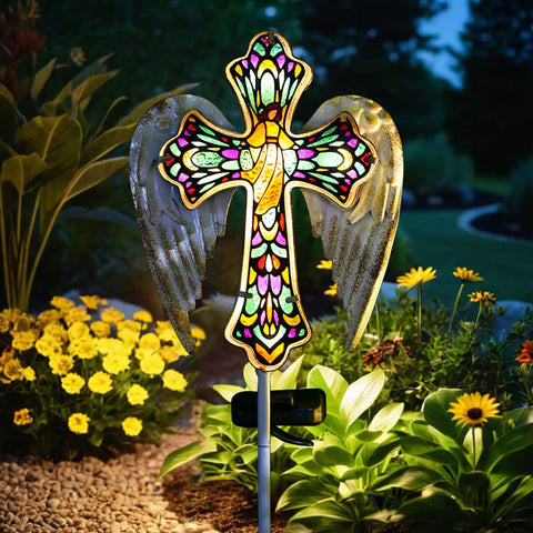 Solar Glass Cross Stake Lights With Angel Wings For Cemetery And Outdoor Garden Pathway Sympathy Remembrance Gift For Mom Solar Powered Grave Marker Lighting With Sunset Tone Hand Painted Glass in garden