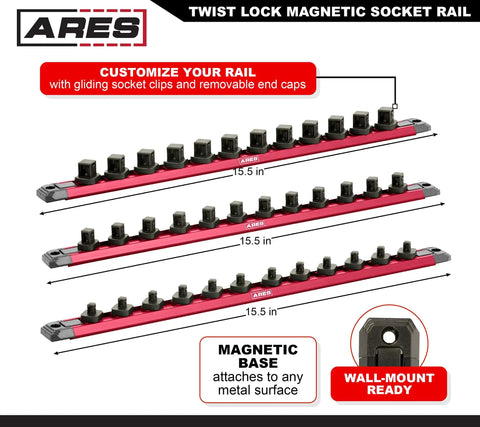 15.5 Inch Red Twist Lock Magnetic Socket Rail Set For Toolbox Organization, Holds 36 Sockets with gliding clips and magnetic base