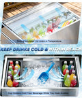 Ice Bin Cart With Wheels For Outdoor Parties And Patio Events A Portable Insulated Cooler Cart On The Go With Sliding Lid Removable Handle And Drain Pipe Large Capacity Ice Storage Bin For Easy Party Prep, filled with drinks and ice, sliding lid open