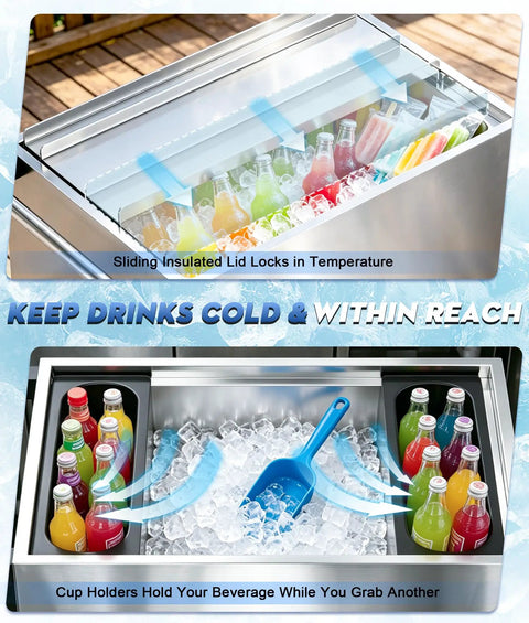 Ice Bin Cart With Wheels For Outdoor Parties And Patio Events A Portable Insulated Cooler Cart On The Go With Sliding Lid Removable Handle And Drain Pipe Large Capacity Ice Storage Bin For Easy Party Prep, filled with drinks and ice, sliding lid open
