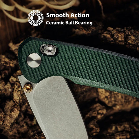 Rockshark EDC Folding Pocket Knife With 3.03 Inch 14C28N Drop Point Blade Green Micarta Handle close-up on crossbar lock