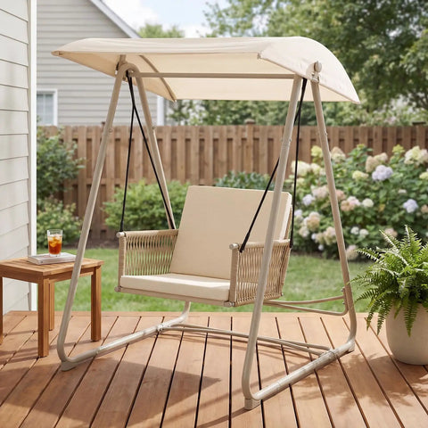 Outdoor Patio Swing Chair with Adjustable Canopy, Heavy Duty Triangular Frame, Single Seat Garden Hammock Swing on patio