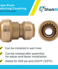 Brass Push Reducing Coupling with branding, Three Quarters Inch To One Half Inch Reducing Brass Push To Connect Coupling, Pack Of 12.