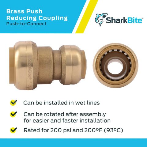 Brass Push Reducing Coupling with branding, Three Quarters Inch To One Half Inch Reducing Brass Push To Connect Coupling, Pack Of 12.