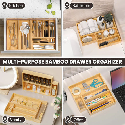 Stackable Bamboo Kitchen Drawer Organizer Bins For Silverware And Flatware, Coffee Pod Holder And K Cup Organizer, Countertop Set