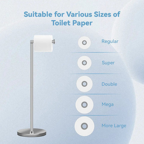 Freestanding Toilet Paper Holder With Reserve Storage Holds 3 To 4 Rolls 22 Inch Matte Black Stainless Steel Stand Weighted Base And Anti Slip Design For Stable No Fuss Bathroom Organization with size compatibility chart for regular to mega rolls