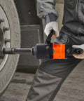 One Inch Pneumatic Impact Wrench dishing out 1800 Ft Lbs of raw breakaway torque with six inch anvil in use.