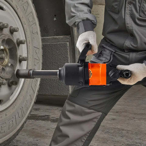One Inch Pneumatic Impact Wrench dishing out 1800 Ft Lbs of raw breakaway torque with six inch anvil in use.