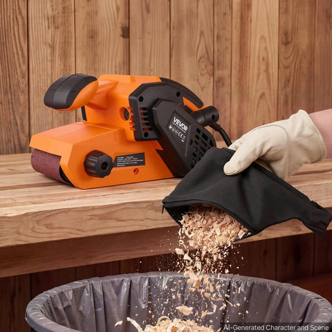 Workhorse Grade 3 By 21 Belt Sander With 7 Amp Motor And Six Variable Speeds delivering sawdust into a waste bin.