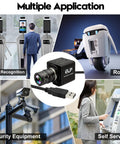 Collage showing applications of 16MP HD USB Camera With 2.8 to 12mm 4X Optical Zoom CS Mount Lens in face recognition, robots, and security.