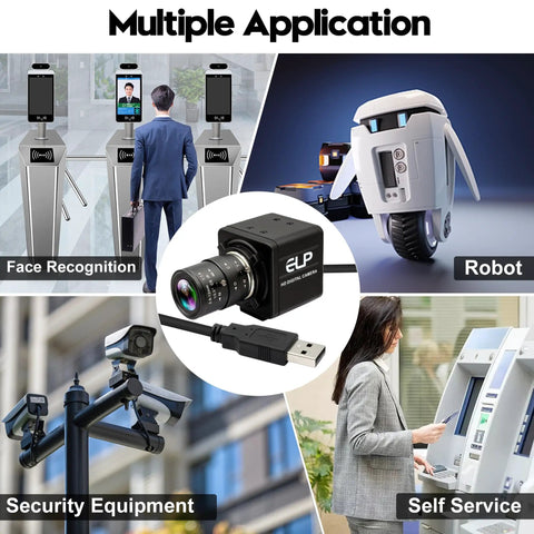 Collage showing applications of 16MP HD USB Camera With 2.8 to 12mm 4X Optical Zoom CS Mount Lens in face recognition, robots, and security.