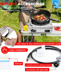 Portable Stainless Steel Single Burner Gas Stove With Auto Ignition Delivers 9800 BTU Per Hour For Quick Even Heating Lightweight LPG Cooktop For RVs Camping Apartments And Outdoor Cooking shown with accessories and installation guide