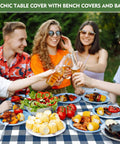Group of friends enjoying picnic on table with Picnic Table Cover Set With Bench Covers And Drawstring Bag Waterproof.
