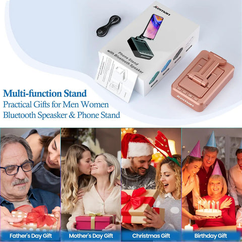 Two In One Phone Stand And Bluetooth Speaker With Built In Microphone Hands Free Desk Mount Rose Gold Gift Box Display