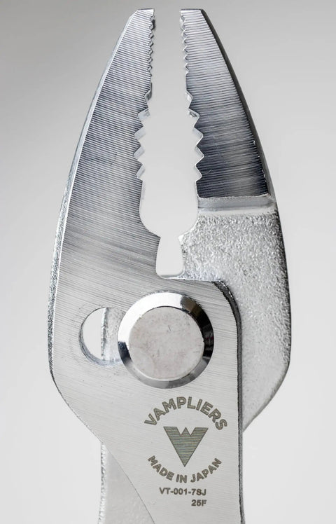 Close-up of 7 Inch Screw Extractor Slip Joint Pliers With 2 Way Vertically Serrated Jaws showing detail of jaws and metal finish.
