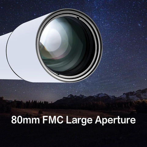 80mm Aperture 900mm Focal Length Refractor Telescope close-up showing large lens with night sky backdrop