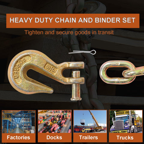 Heavy Duty 3/8 Inch 20 Foot G70 Transport Binder Chain With Clevis Grab Hooks For Towing Logging And Tie Down Binding