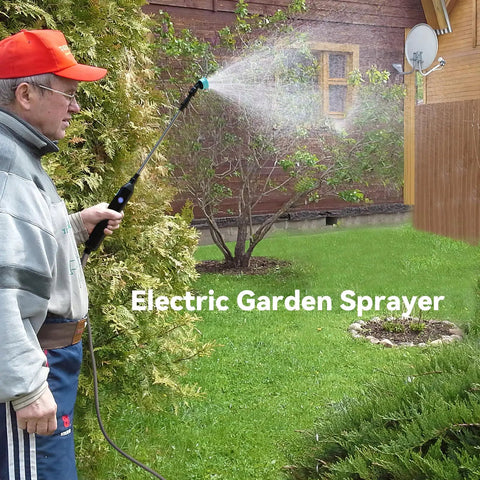 Man using Electric Garden Sprayer Portable Battery Powered Watering Wand With Telescopic Handle in a backyard garden.