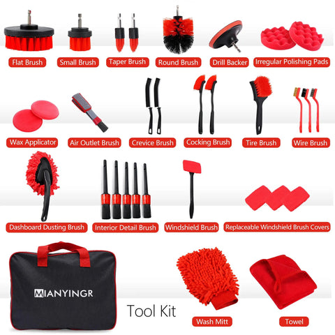 32 Piece Red Car Detailing Kit With Pro Grade Drill Brush Attachments, Polishing And Waxing Pads, Assorted Interior Exterior Tools