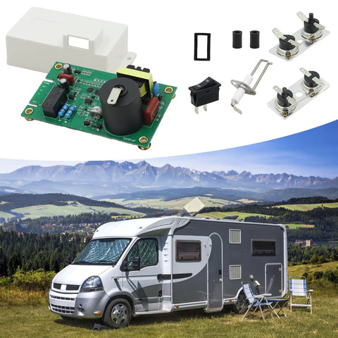 Top Travel Trailer Water Heater Repair Kit With Control Board Thermo Assemblies Electrode And Rocker Component For 12V Systems featuring circuit board and components.