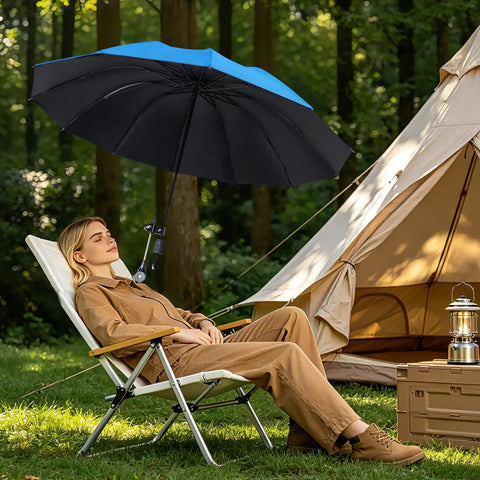 Hassle Free 360 Rotate Beach Chair Umbrella With Upf 50 Plus Sun Shield For Deck Or Golf Cart Take It Easy With Deep Cool Shade Using This Clip On Foldable Canopy Cover Sky Blue in outdoor setting