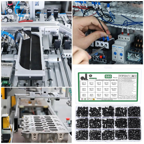580 Pcs M3 M4 M5 Screws and Nuts Set Black Countersunk Phillips Flat Head Machine Screws with Washers Carbon Steel Assortment Kit